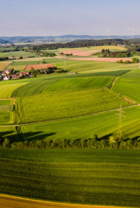 Weitl&auml;ufiger Blick auf gr&uuml;ne Ackerfl&auml;chen und einer kleinen Stadt