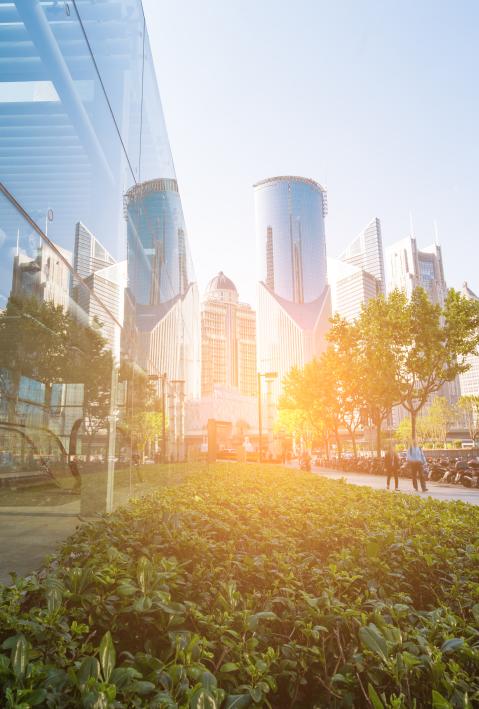 Panoramic view of a skyscraper with a green walkway in front of it
