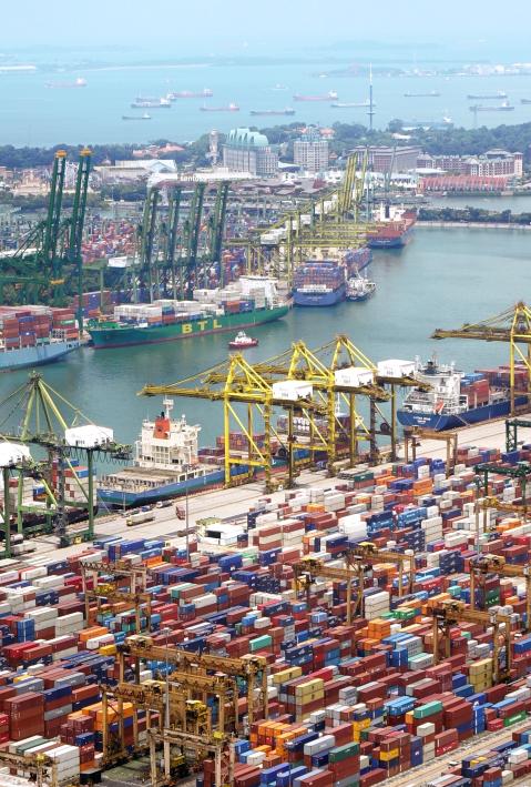 Das Bild zeigt einen Seehafen mit Kr&auml;nen, Frachtschiffen und Containern. 