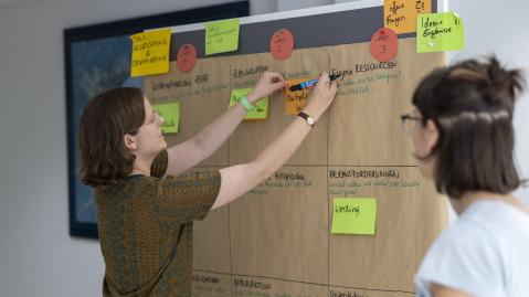 Teilnehmerin des B&uuml;ndnis B&uuml;rgerenergie Workshops h&auml;ngt Post-its and die Metaw&auml;nde