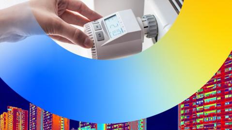 Zweigeteiltes Bild mit einer Hand an einem modernen Heizger&auml;t oben und einer Siedlung im Ultraviolettlicht